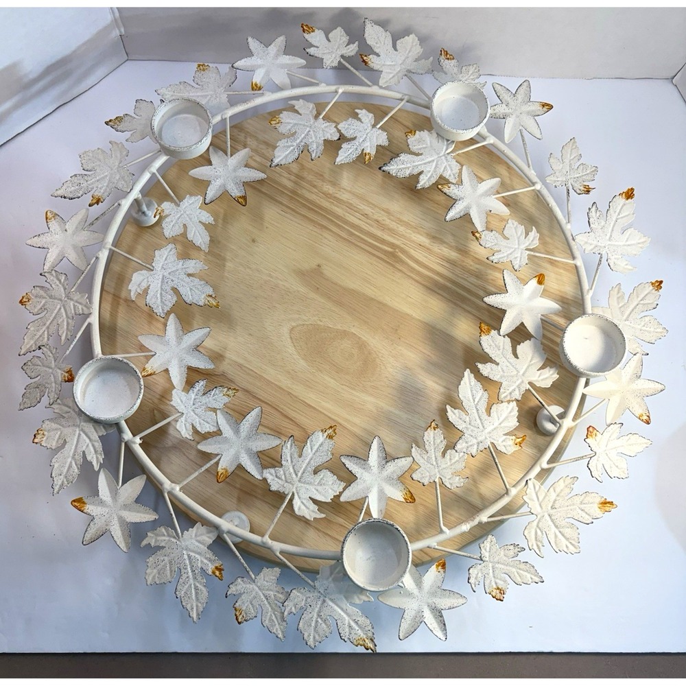 White Metal Leaf Star Wreath Round Multi Tealight Candle Holder Holidays 15in